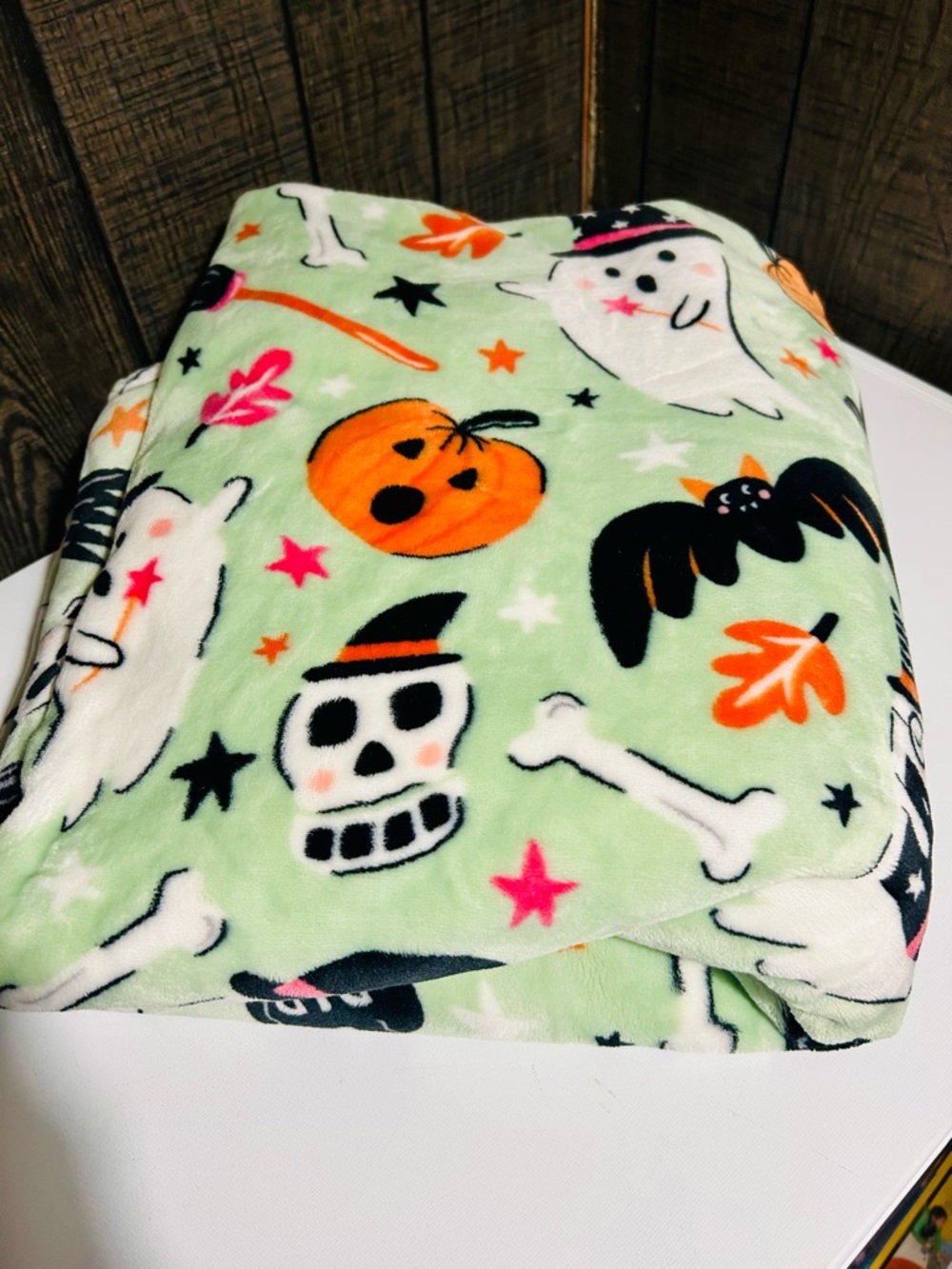 Halloween Plush Throw Blanket - Pastel Green with Halloween Prints